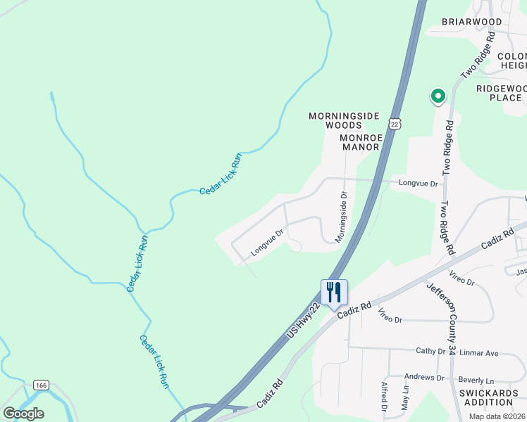 map of restaurants, bars, coffee shops, grocery stores, and more near 599 Longvue Drive in Steubenville