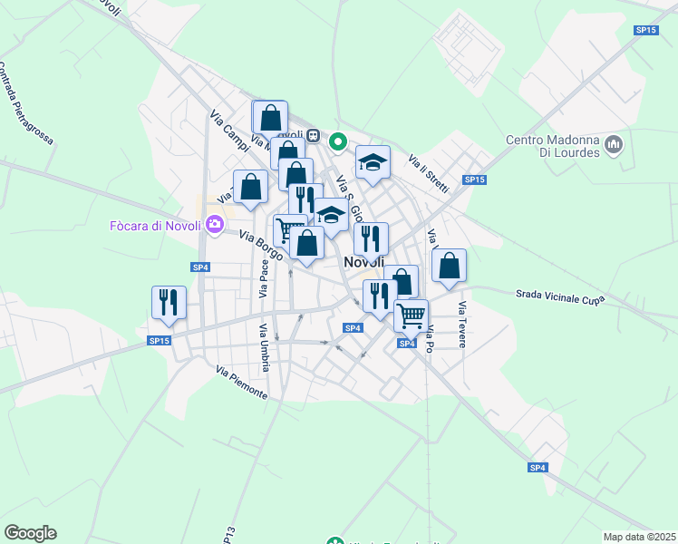 map of restaurants, bars, coffee shops, grocery stores, and more near 60 Via Sant'Antonio in Novoli