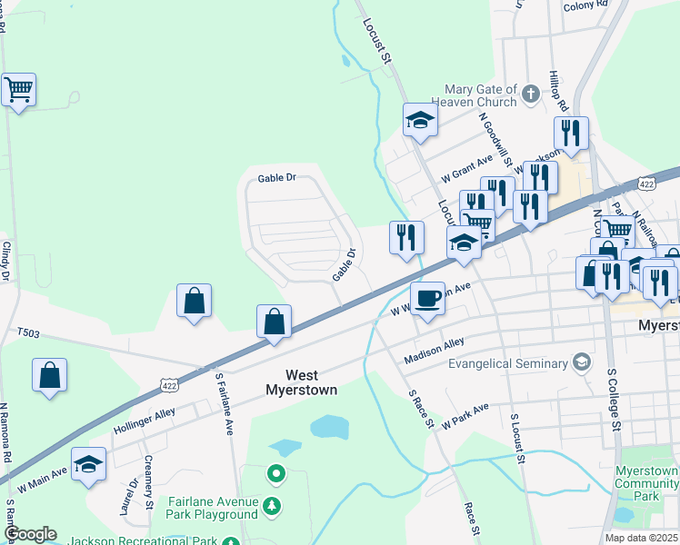 map of restaurants, bars, coffee shops, grocery stores, and more near 24 Gable Drive in Myerstown