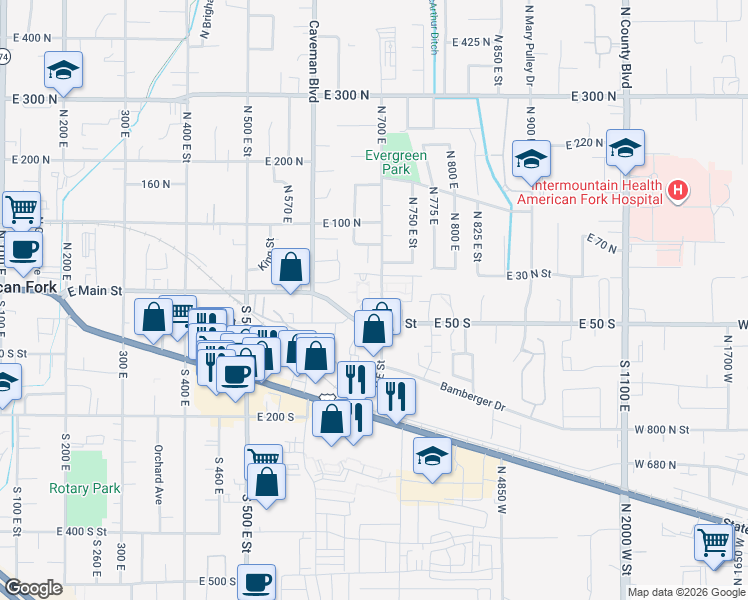 map of restaurants, bars, coffee shops, grocery stores, and more near 17 North 700 East Street in American Fork