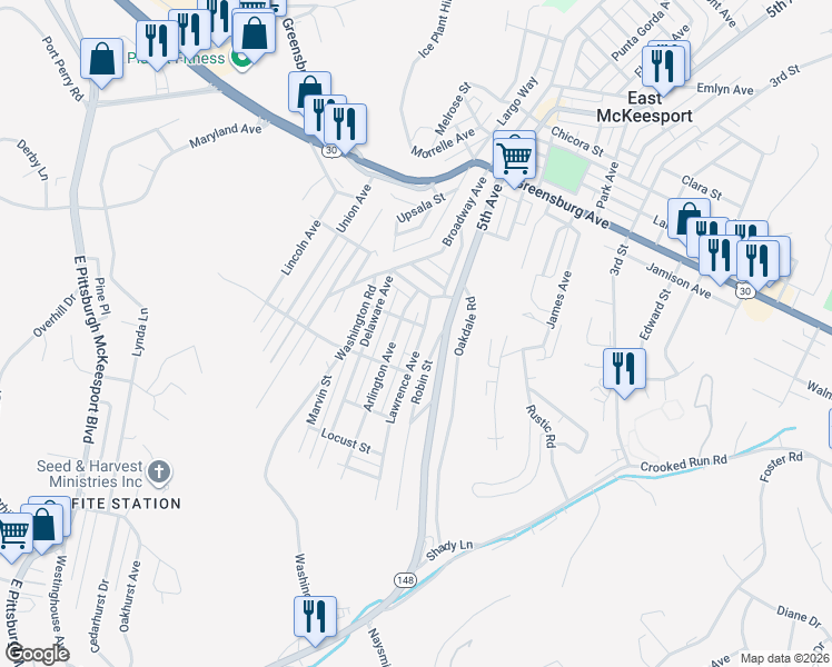 map of restaurants, bars, coffee shops, grocery stores, and more near 116 Lawrence Avenue in North Versailles