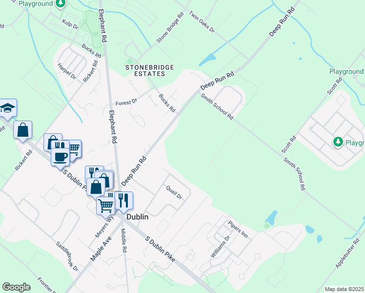 map of restaurants, bars, coffee shops, grocery stores, and more near 157 Deep Run Road in Perkasie