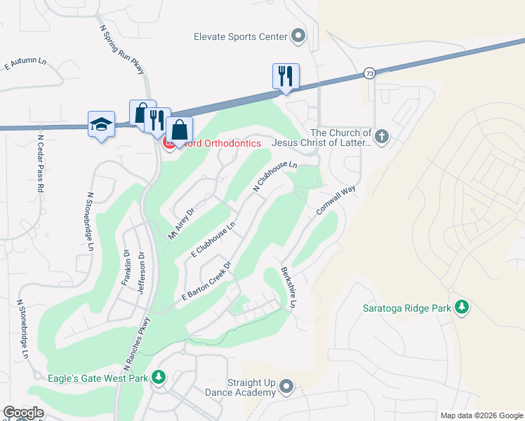 map of restaurants, bars, coffee shops, grocery stores, and more near 8986 North Barton Creek Circle in Eagle Mountain