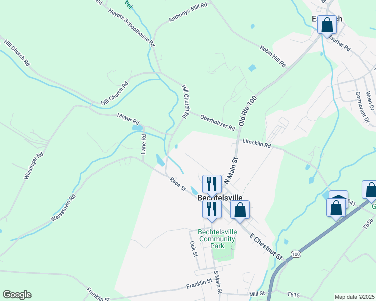 map of restaurants, bars, coffee shops, grocery stores, and more near 229 West Spring Street in Bechtelsville