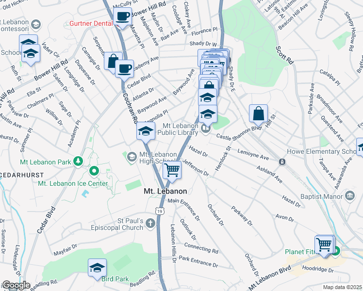 map of restaurants, bars, coffee shops, grocery stores, and more near 834 Washington Road in Pittsburgh
