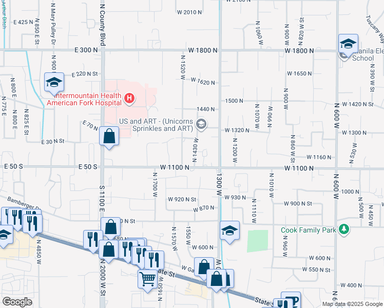 map of restaurants, bars, coffee shops, grocery stores, and more near 1171 North 1430 West in Pleasant Grove