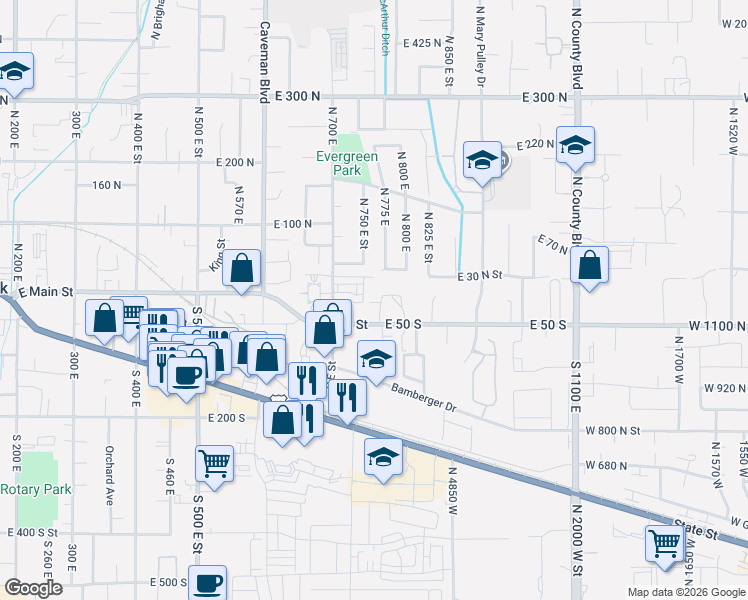 map of restaurants, bars, coffee shops, grocery stores, and more near 16 North 700 East Street in American Fork