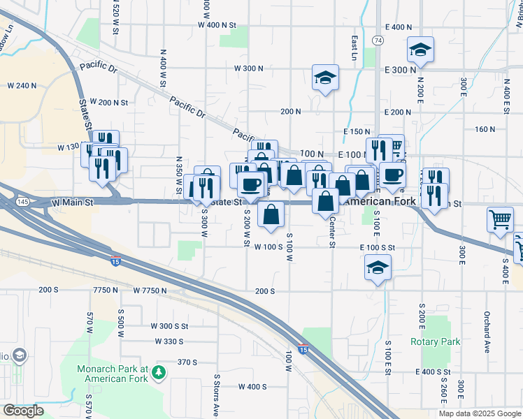 map of restaurants, bars, coffee shops, grocery stores, and more near 138 West Main Street in American Fork