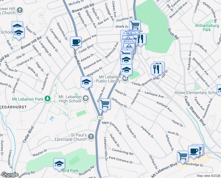 map of restaurants, bars, coffee shops, grocery stores, and more near 834 Washington Road in Pittsburgh