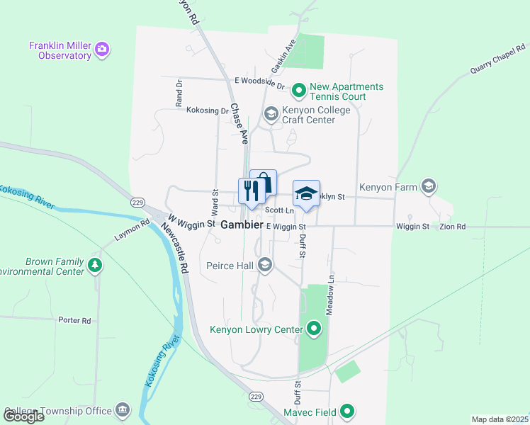 map of restaurants, bars, coffee shops, grocery stores, and more near 108 Gaskin Avenue in Gambier