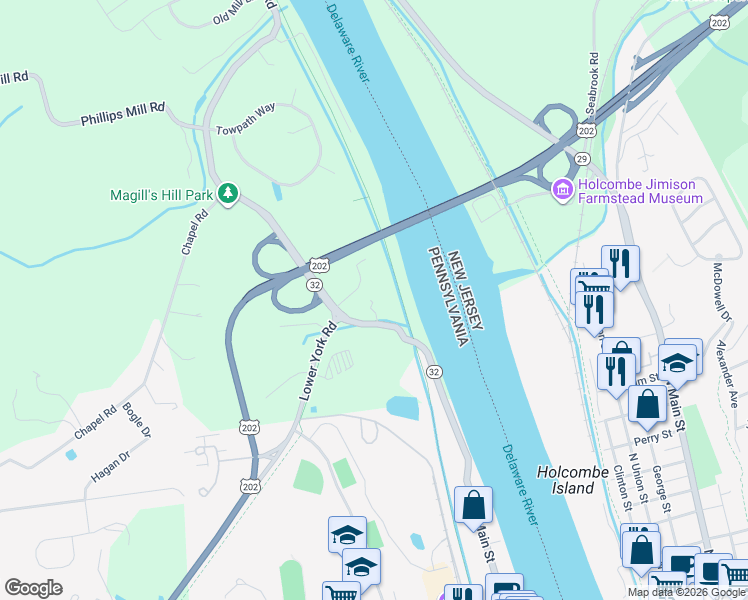 map of restaurants, bars, coffee shops, grocery stores, and more near 2478 River Road in New Hope