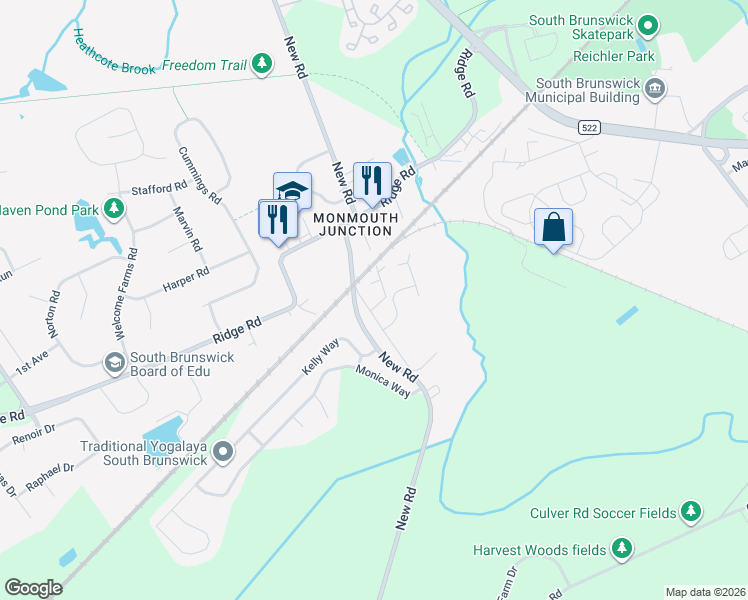 map of restaurants, bars, coffee shops, grocery stores, and more near 55 Old New Road in South Brunswick Township