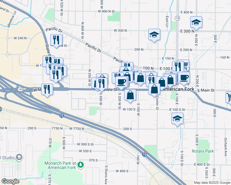 map of restaurants, bars, coffee shops, grocery stores, and more near 217 West Main Street in American Fork