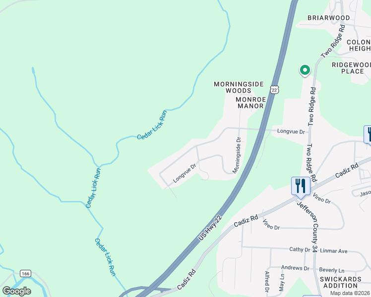map of restaurants, bars, coffee shops, grocery stores, and more near 599 Longvue Drive in Steubenville