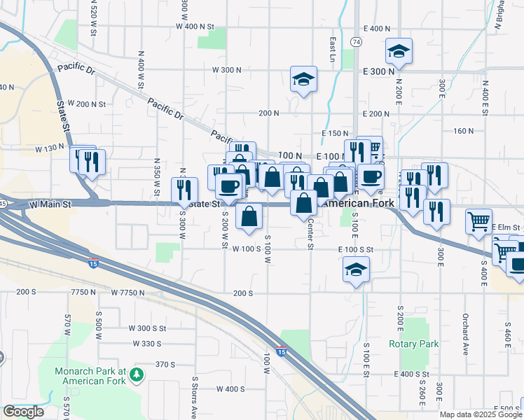 map of restaurants, bars, coffee shops, grocery stores, and more near 6 South 100 West in American Fork