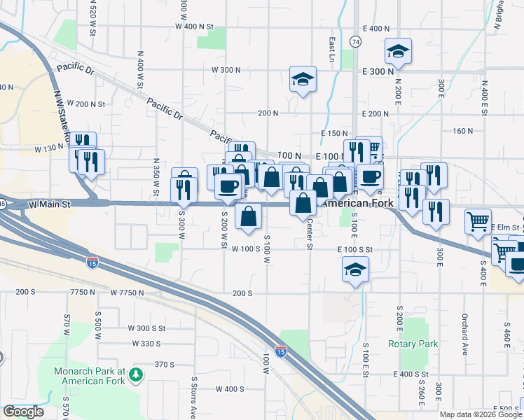 map of restaurants, bars, coffee shops, grocery stores, and more near 98 West Main Street in American Fork