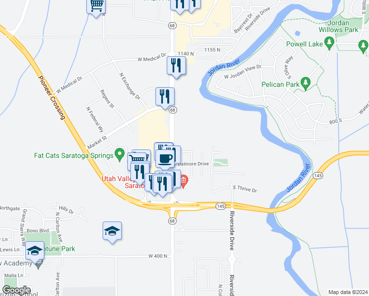 map of restaurants, bars, coffee shops, grocery stores, and more near 48 East Blair Way in Saratoga Springs