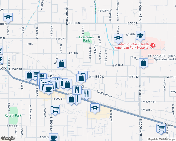 map of restaurants, bars, coffee shops, grocery stores, and more near 16 North 700 East Street in American Fork