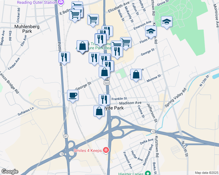 map of restaurants, bars, coffee shops, grocery stores, and more near 506 Fairview Street in Reading