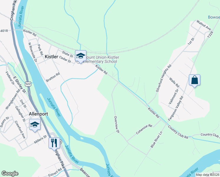 map of restaurants, bars, coffee shops, grocery stores, and more near Kistler Road in Mount Union
