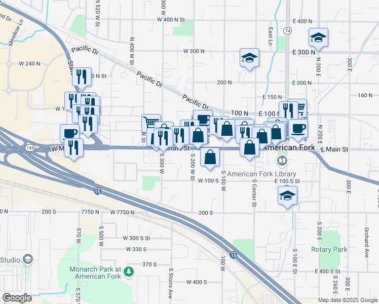 map of restaurants, bars, coffee shops, grocery stores, and more near 208 West Main Street in American Fork