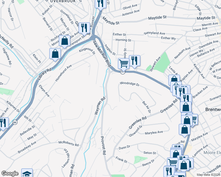 map of restaurants, bars, coffee shops, grocery stores, and more near 221 Provost Road in Pittsburgh