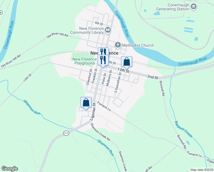 map of restaurants, bars, coffee shops, grocery stores, and more near 207 17th Street in New Florence