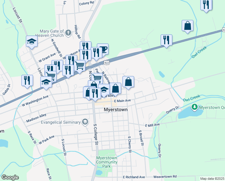 map of restaurants, bars, coffee shops, grocery stores, and more near 103 North Railroad Street in Myerstown