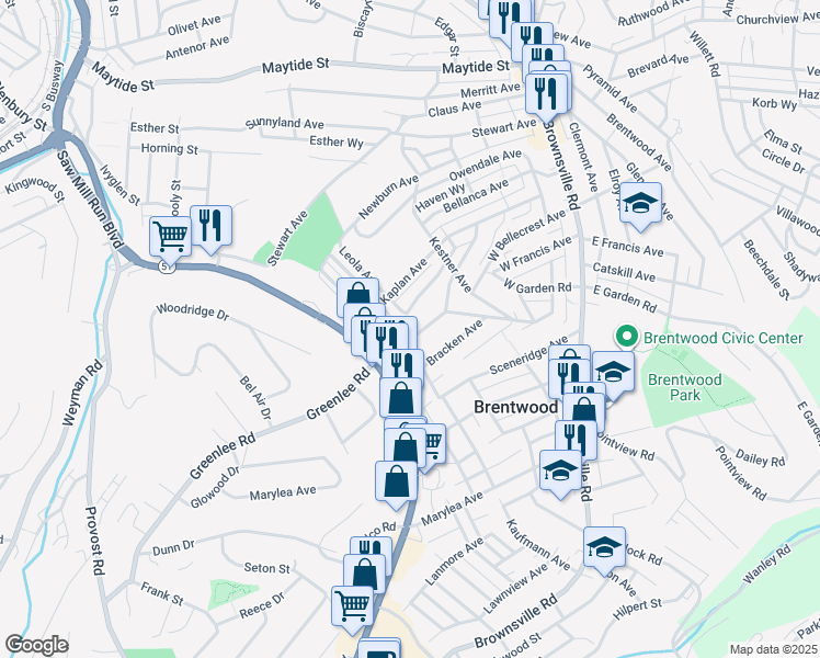 map of restaurants, bars, coffee shops, grocery stores, and more near 248 Greenlee Road in Pittsburgh