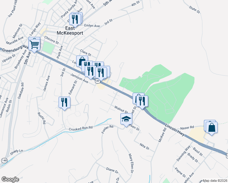 map of restaurants, bars, coffee shops, grocery stores, and more near 1205 Lincoln Highway in North Versailles