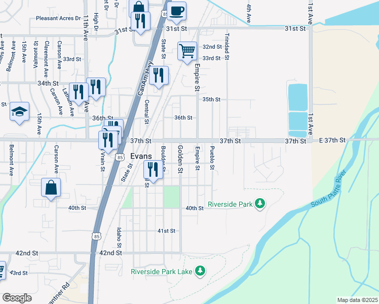 map of restaurants, bars, coffee shops, grocery stores, and more near 3700 Golden Street in Evans