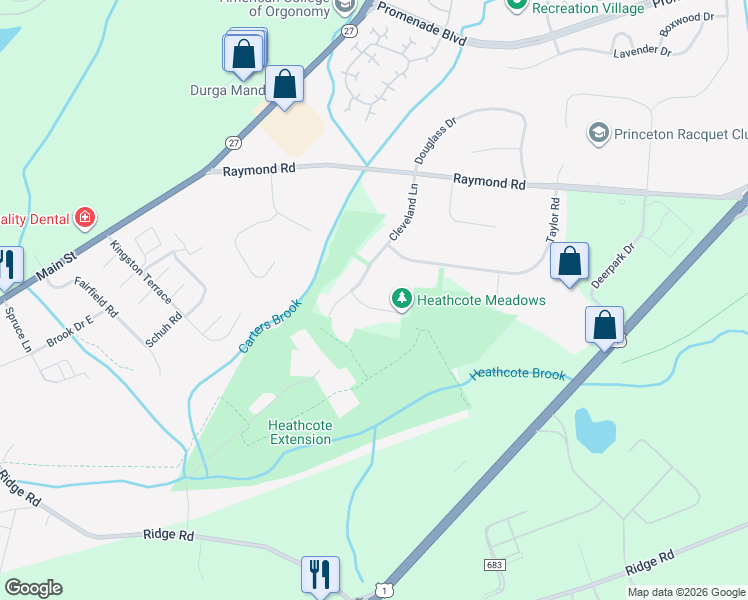 map of restaurants, bars, coffee shops, grocery stores, and more near 219 Cleveland Lane in Princeton