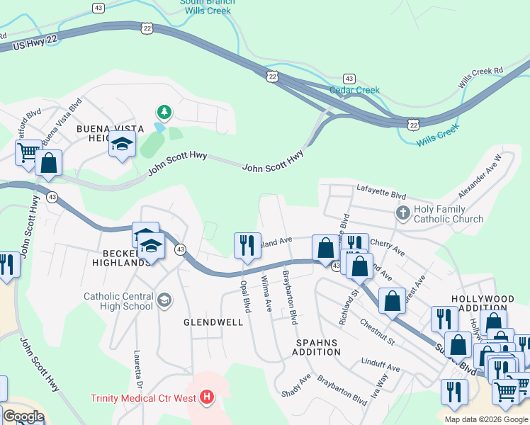 map of restaurants, bars, coffee shops, grocery stores, and more near 233 Rockdale Street in Steubenville