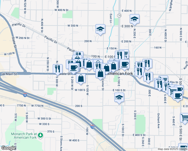 map of restaurants, bars, coffee shops, grocery stores, and more near 32 West Main Street in American Fork