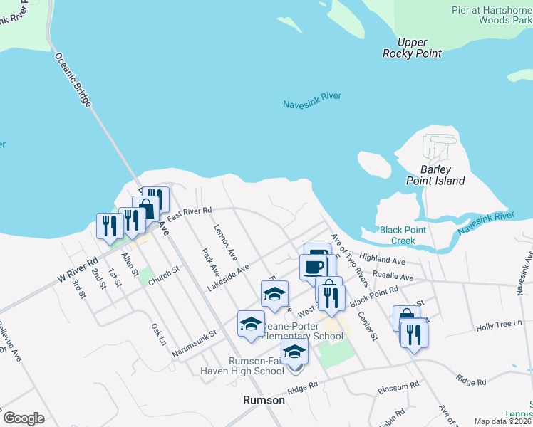 map of restaurants, bars, coffee shops, grocery stores, and more near 72 East River Road in Rumson