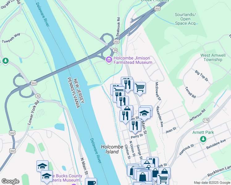 map of restaurants, bars, coffee shops, grocery stores, and more near 257 North Union Street in Lambertville