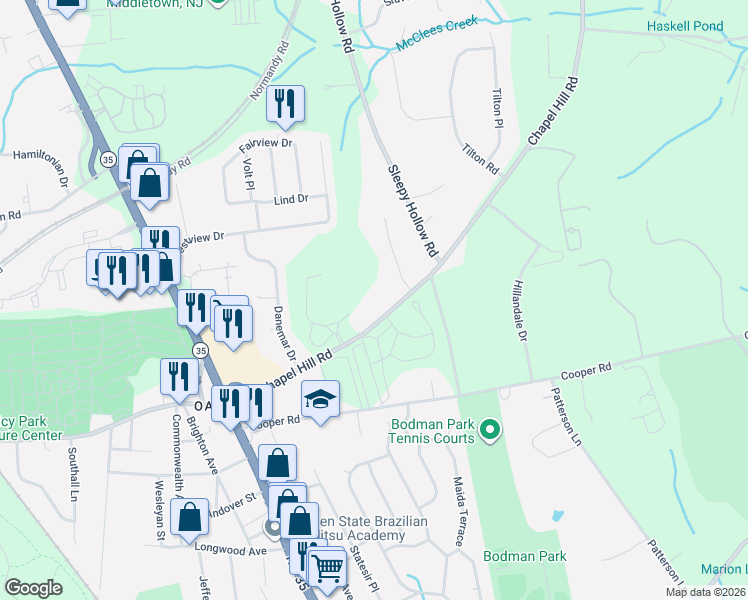 map of restaurants, bars, coffee shops, grocery stores, and more near 152 Chapel Hill Road in Red Bank