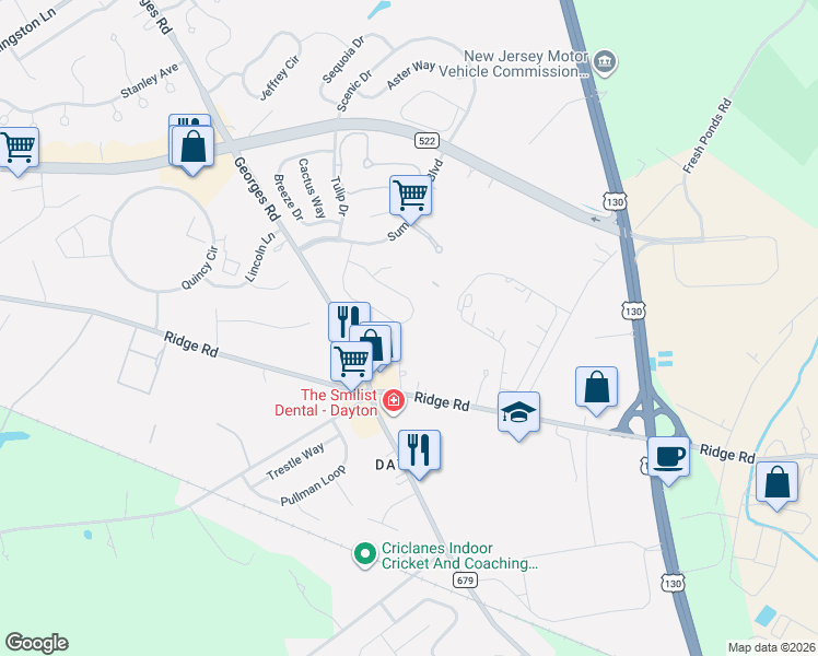 map of restaurants, bars, coffee shops, grocery stores, and more near 34 Larkspur Drive in South Brunswick Township