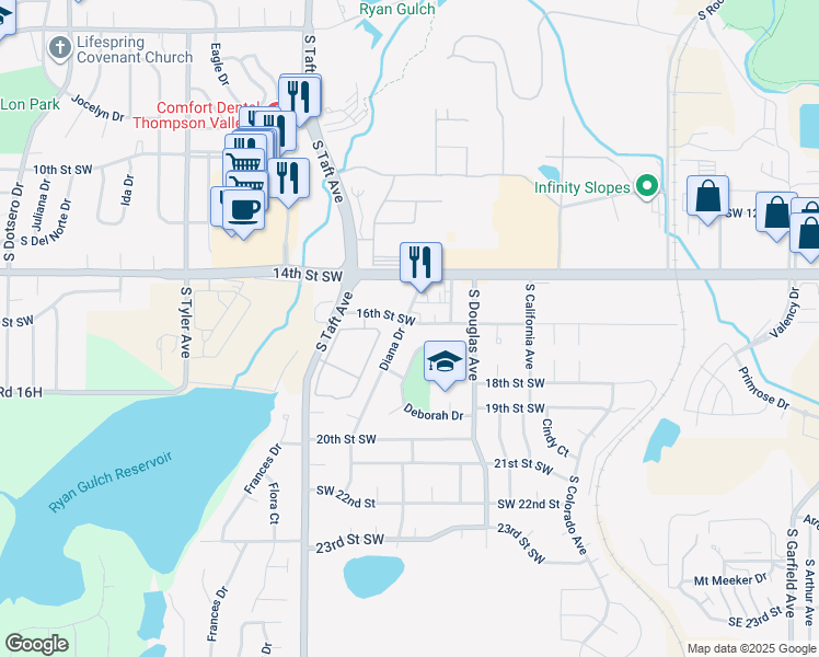 map of restaurants, bars, coffee shops, grocery stores, and more near 933 16th Street Southwest in Loveland