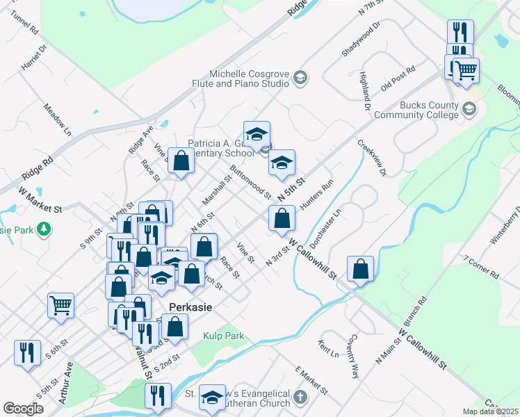 map of restaurants, bars, coffee shops, grocery stores, and more near 406 North 5th Street in Perkasie