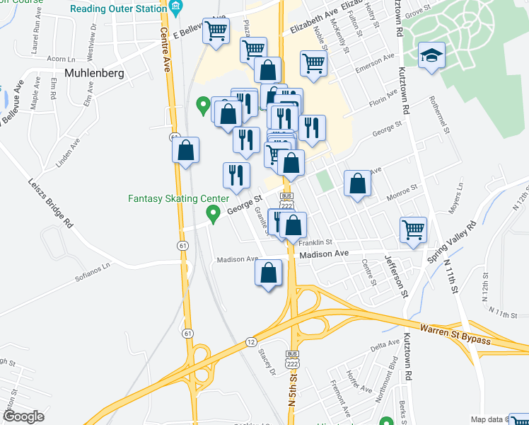 map of restaurants, bars, coffee shops, grocery stores, and more near 518 Muhlenberg Street in Reading