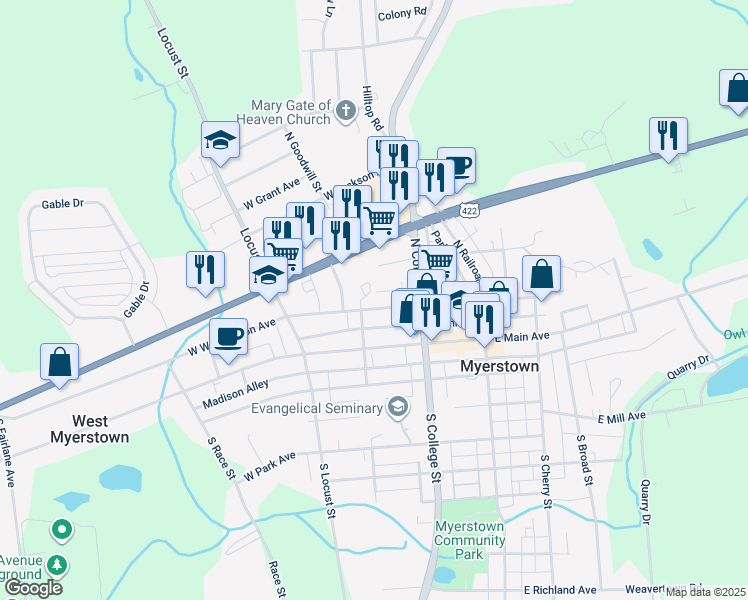 map of restaurants, bars, coffee shops, grocery stores, and more near 123 Juniper Alley in Myerstown