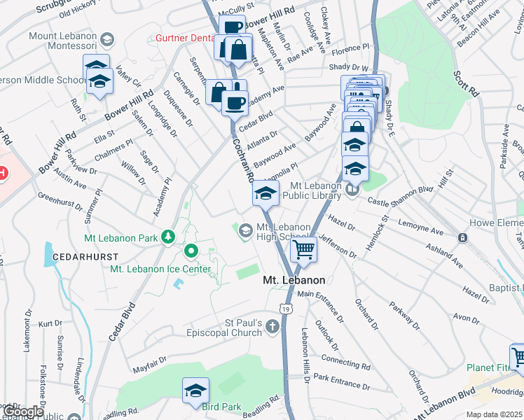 map of restaurants, bars, coffee shops, grocery stores, and more near 174 Cochran Road in Pittsburgh