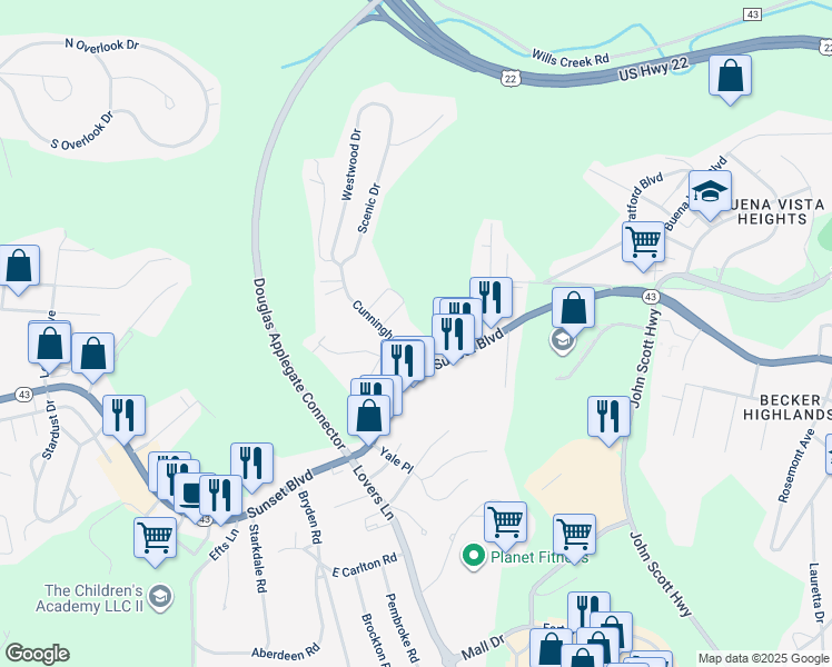 map of restaurants, bars, coffee shops, grocery stores, and more near 106 Cunningham Drive in Steubenville