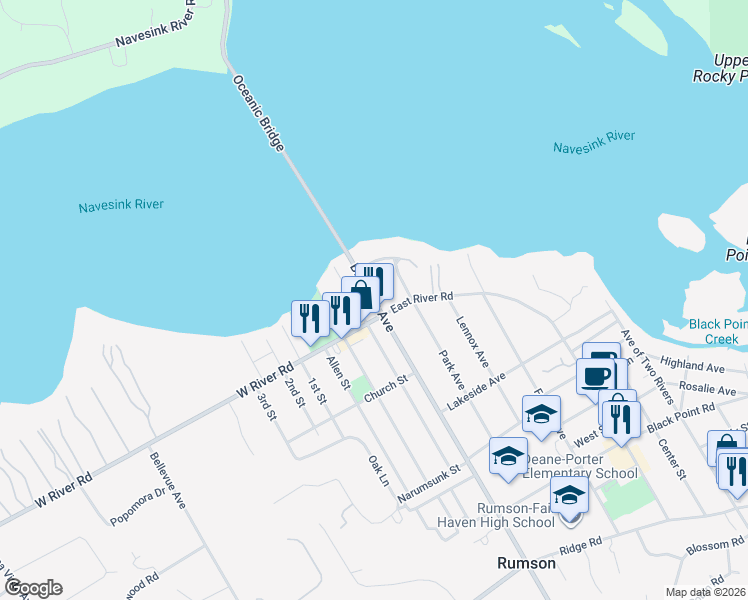 map of restaurants, bars, coffee shops, grocery stores, and more near 17 Bingham Avenue in Rumson