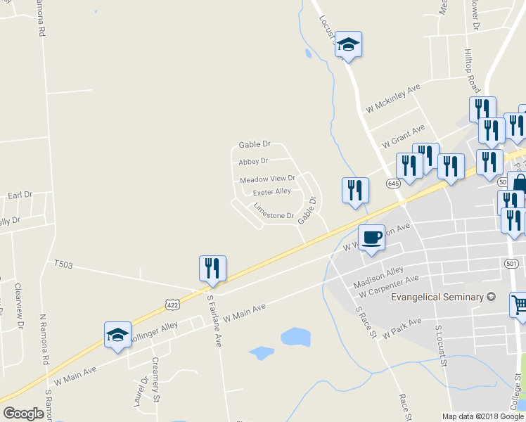map of restaurants, bars, coffee shops, grocery stores, and more near 212 Limestone Drive in Myerstown