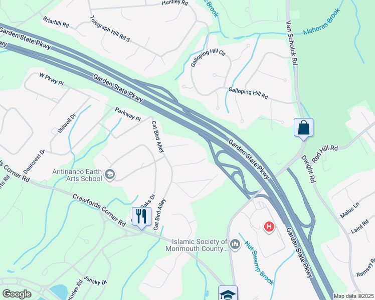 map of restaurants, bars, coffee shops, grocery stores, and more near 6 Cobblestone Court in Holmdel