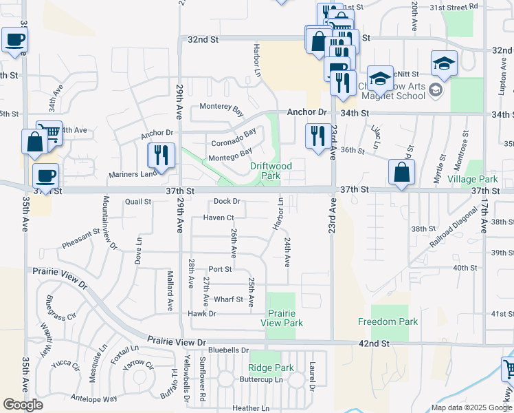 map of restaurants, bars, coffee shops, grocery stores, and more near 2420 Dock Drive in Evans