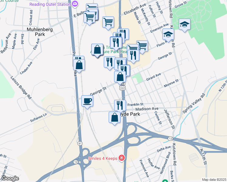map of restaurants, bars, coffee shops, grocery stores, and more near 518 Muhlenberg Street in Reading