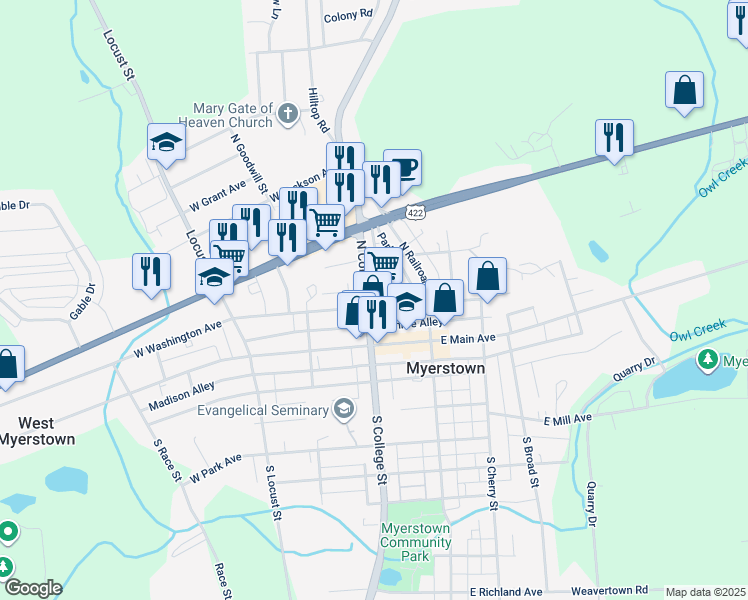 map of restaurants, bars, coffee shops, grocery stores, and more near 102 North College Street in Myerstown